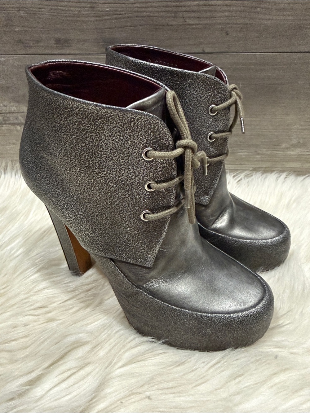 CHANEL Gunmetal Textured Leather Platform Lace Up Ankle Booties